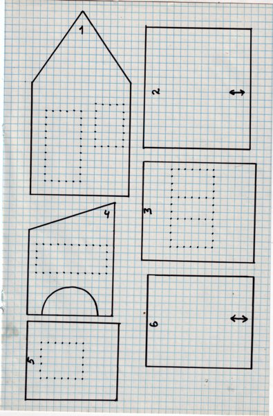 Итак, нам понадобится:<p>Картон, карандаш, линейка, ножницы. Вспомнив уроки геометрии и черчения спроектируем домик. Какой хотите, хоть трехэтажный. Детали аккуратно вырезать. Добавлю лекала по просьбам читателей.<p>1. фронтальная часть - 2шт.<p>2. крыша большого дома - 2шт. (стрелками указано направление сверху вниз)<p>3. боковые стены большого дома - 2шт.<p>4. фронтальная стена пристройки - 2шт.<p>5. боковая стена пристройки - 1шт.<p>6. крыша пристройки - 1шт.<p>Масштаб: 1 клеточка - 1 см.<p>Примечание: пока тесто горячее оно очень хорошо режется, можно воспользоваться этим, чтобы подогнать все детали идеально. Одну сторону большой крыши надо будет немного вырезать, чтобы "пристроить на крышу пристройки. Ну, в процессе сами разберетесь. Еще из оставшегося теста можно выпечь пласт, на который потом и будем устанавливать домик.Удачи.