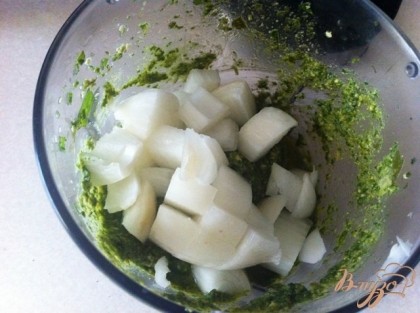 В соус песто (рецепт http://vpuzo.com/zakuski/holodnye-zakuski/19668-pesto-iz-rukkoly.html)РґРѕР±Р°РІР»СЏРµРј порезанный белый, репчптый лук