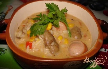 Сливочная Паэлья с сосисками и грибами