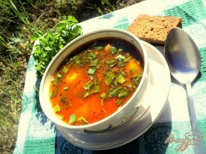 Готово! В конце добавить аджику по вкусу, мелко порезанную зелень и зеленый лук.Приятного аппетита и отдыха!