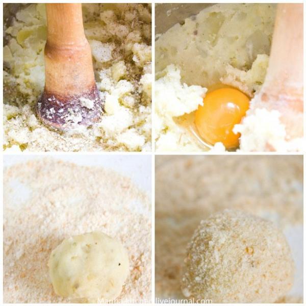 Картофель отварите и разомните. Добавьте яйцо, соль, перец, орегано и мешайте до получения однородной массы.  С помощью чайной ложки берите понемногу картофель и формируйте шарики размером с грецкий орех. Обваляйте их в сухарях. На противень положите бумагу для выпечки, смажьте ее растительным маслом. Разогрейте духовку до 200 градусов и отправьте туда крокеты минут на 30-35.