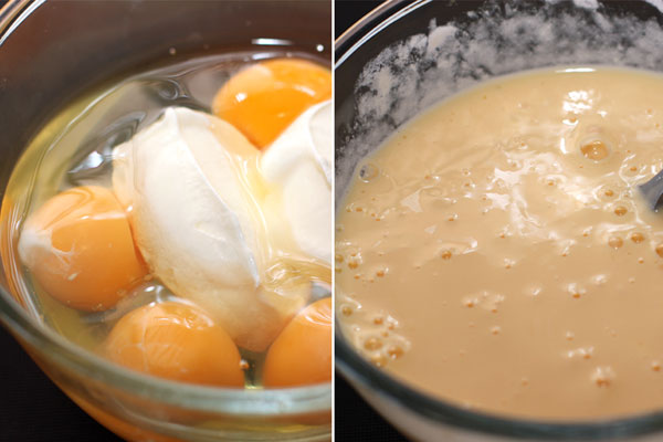 Яйца разбейте в миску, добавьте сметану и посолите. Размешайте до однородности.