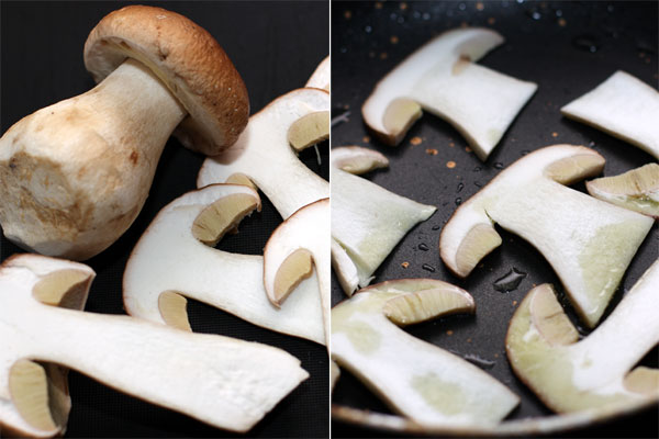 Пару грибов нарежьте тонкими пластинками вдоль. Средние части слегка обжарьте и оставьте для украшения гамбургеров.