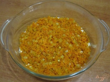 Форму смазать маслом и вылить половину теста. Сверху выложить морковь и лук.