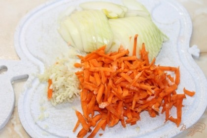 Лук нарезать полукольцами, морковь натереть на крупную терку, чеснок на мелкую терку.