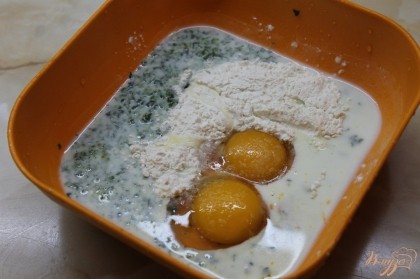 Соединяем ингредиенты для теста. Для этого в глубокую миску вбить два яйца добавить молоко, муку, шпинат и соль. Хорошо взбить венчиком.