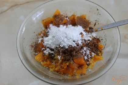 В глубокой тарелке соединить сметану, мандарины очищенные и порезанные мелким кубиком, сахарную пудру, цедру лимона и мандарин, какао. Все хорошо перемешать.