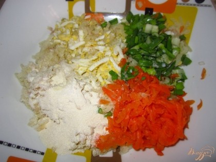 Смешайте в миске: картофель, яйца, зеленый лук, морковь, соль, черный перец, молоко, манную крупу, перемешайте.