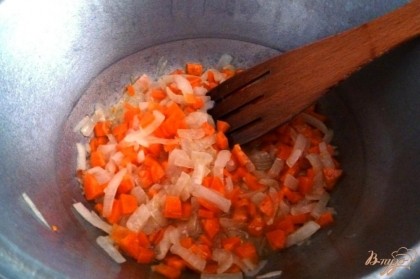 Овощи помоем,почистим и нашинкуем. В казане обжарим лук и морковь.