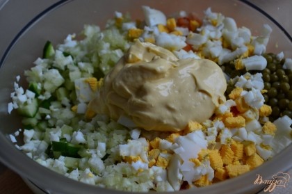 В миску с салатом добавить майонез, соль и специи по вкусу.Размешать, вылить остатки бульона и выложить вторым слоем в форму.