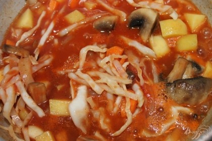 Когда овощи поджарились добавляем томатную пасту, воду и специи по вкусу и тушим до полной готовности на медленном огне.