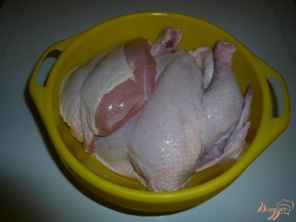 Для приготовления сальтисона я взяла курицу весом 1,5 кг и еще добавила к ней куриную грудку. Мясо промываю, убираю видимый жир, срезаю гузку.