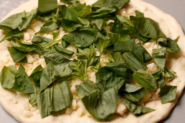 Из меньшего куска сделайте лепешку толщиной около 0,5 см, положите на посыпанный мукой противень. Посыпьте сверху сыром и крупно нарезанными листьями базилика.