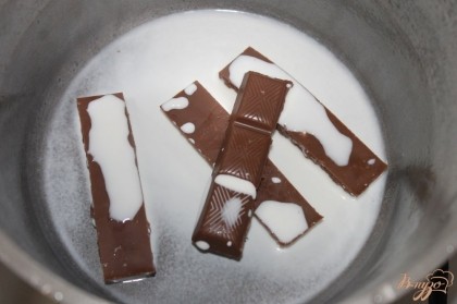 Шоколад растопить в сотейнике с добавлением сливок.