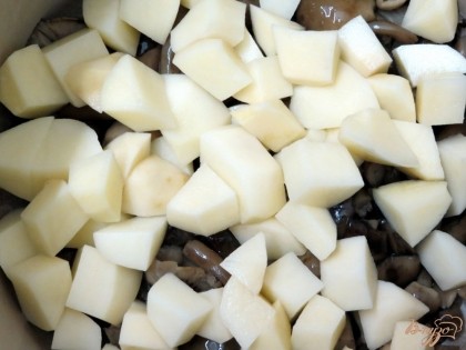 Картофель почистите, помойте и нарежьте кубиками.