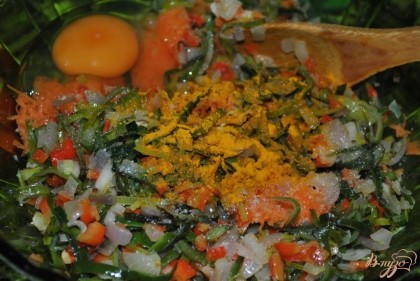 Сложить в одну миску морковь, чеснок, тушеные овощи, добавить куркуму, соль и яйцо. Хорошо перемешать