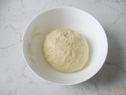 Замешиваем тесто, которое не должно липнуть к рукам. Кладем в миску и ставим в теплое место, предварительно прикрыв тесто пищевой пленкой или сухим полотенцем.