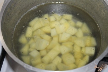 В подсоленную воду добавляю картофель нарезанный средним кубиком, когда вода закипит кидаю перловую крупу.