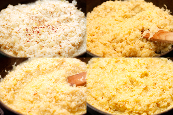 Посыпьте рис шафраном и подливайте очень горячий бульон по одному половнику. Помешивайте и каждый раз ждите, пока бульон впитается, прежде чем добавить новую порцию.