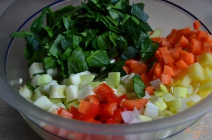 Все овощи нарезать мелко. Полить оливковым маслом, добавить соль и специи по вкусу.