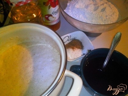 Приготовить опару для хлеба из хмелевой закваски и подогретой молочной сыворотки (тёплой воды) с добавлением мёда, сахара и пшеничной муки (200 грамм). Укутать её и поставить на 5-7 часов в тёплое место. Опара должна увеличиться в объёме в два раза. Отложить 100 мл для следующего использования. Довести до кипения 75 мл воды и заварить солод. Подготовить все необходимые ингредиенты.