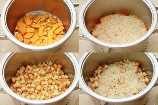 В большую кастрюлю налейте немного масла, выложите дно ломтиками тыквы. Затем распределите слоем третью часть заранее промытого риса. Поверх - половину фруктовой смеси, дальше ещё треть риса и остальные фрукты. Сверху снова положите рис.