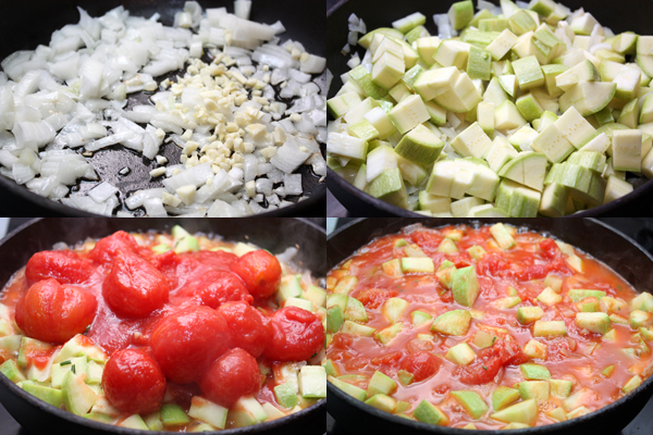 Пока тесто поднимается, делаем начинку. Пассеруем лук и мелко нарезанный чеснок на оливковом масле, добавляем кубики кабачка и томаты вместе с жидкостью. 
