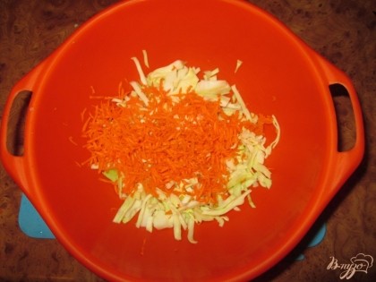 Сложить в блюдо и натереть туда морковку. Пожать капусту с морковью руками, чтобы она дала сок и стала помягче.