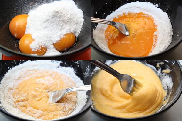 Для крема смешайте желтки с сахарной пудрой, затем добавьте муку и размешайте. 