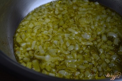 В кастрюле на оливковом масле обжарить мелко нарезанную луковицу до прозрачности.