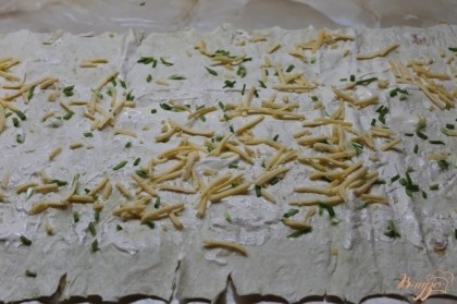 Лаваш натираем майонезом, посыпаем сыром и мелко рубленным зеленым луком.