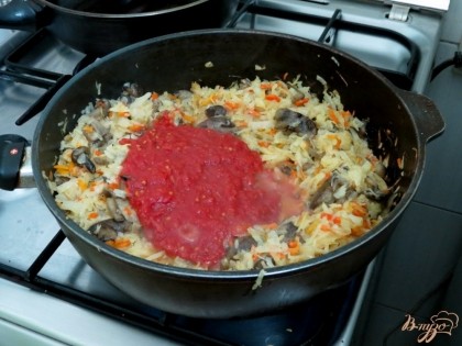 В последнюю очередь добавляем томатную пасту, солим, перчим. Тушим всё вместе до готовности.