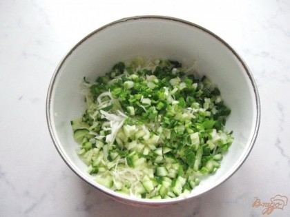Зеленый лук мелко режем и добавляем к капусте и огурцу в салатник.