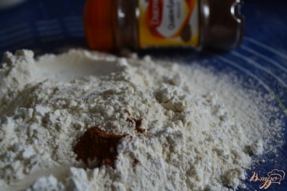 Мука с разрыхлителем , сахар и щепотка соли перемешать.Добавить пряности по вкусу.