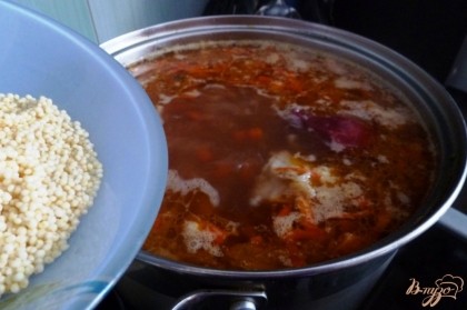 Пшено помоем и добавим в суп,когда картофель сварится до полуготовности.