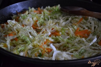 Капусту выложить в сковороду к моркови с луком.Налить бульон, накрыть крышкой и потушить в течении 20 минут.