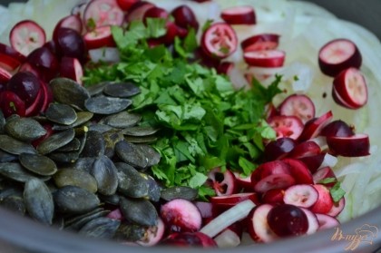 В салатнике перемешать лук, клюкву, зелень кинзы и семечки тыквы.Полить маслом и посолить по вкусу.
