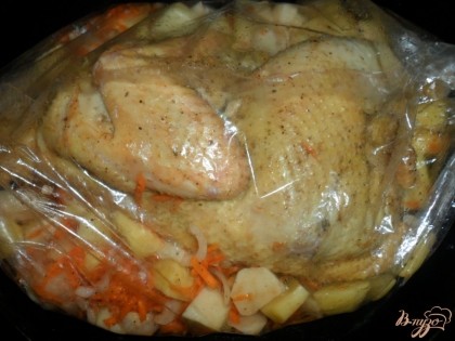 За 2-3 часа до приготовления курицу посолить, поперчить  и натереть приправой хмели-сунели. Оставить на несколько часов что бы курица замариновалась. Поместить курицу в пакет к овощам.