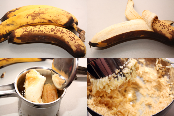 Мягкие бананы нужно превратить в пюре и добавить к взбитому маслу. Я это делала с помощью пресса для картофеля — очень удобно.