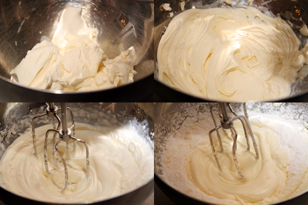 Для крема нужно слегка взбить на низкой скорости маскарпоне, затем, продолжая взбивать, добавить по очереди сливки и сахарную пудру.