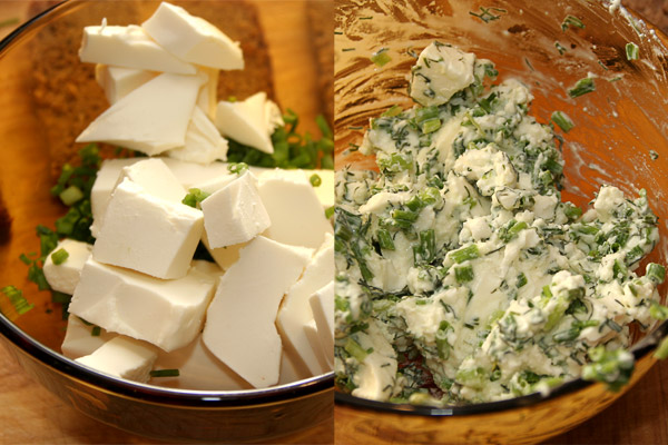 Добавить в зелень сыр (если сыр по консистенции плотный, можно добавить еще 30−50 мл сливок). Размять и перемешать вилкой, а лучше блендером.