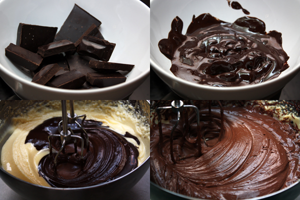 Шоколад разламываем на кусочки и растапливаем на водяной бане. Размягченный шоколад смешиваем с кремом, добавляем туда же ром и вбиваем.  Убираем в холодильник на полчасика, пока будут готовы безе.