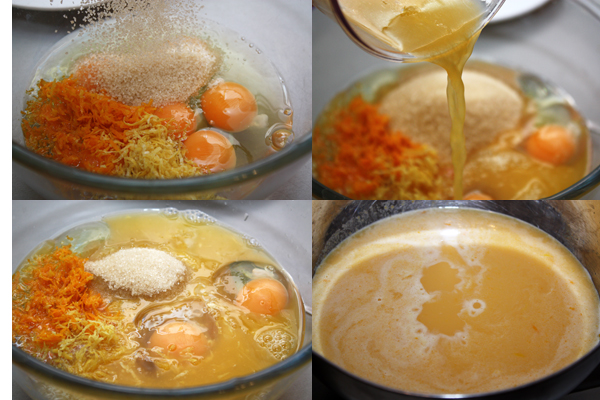 В миске смешаем яйца, сахар, цедру, добавим туда цитрусовый сок и перемешиваем до однородного состояния.