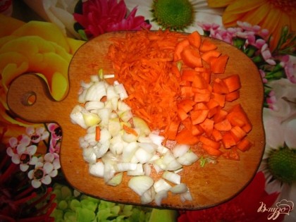Нарезать лук, морковь часть натереть на большую терку, а часть нарежьте на небольшие кусочки, посолить.
