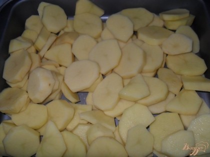 картофель нарезать кольцами и уложить его на смазанный маслом противень