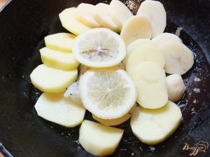 Картофель нарезаем дольками. В центр формы кладем рыбу, сверху лимон, вокруг раскладываем картошку. Посыпаем солью, поливаем равномерно маслом.