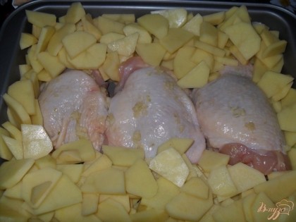 Картофель выкладываем вокруг курицы, солим