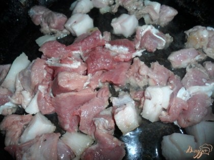 Мясо порезать маленькими кусочками,посолить, добавить черный молотый перец , обжарить под крышкой на среднем огне до полу готовности.