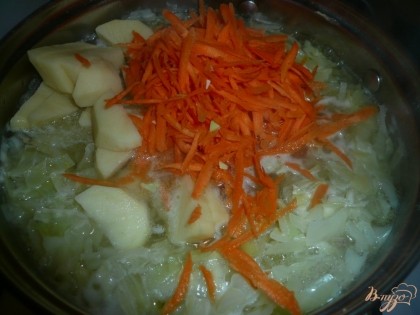 Когда капуста проварится, добавляю в кастрюлю картофель и морковь.