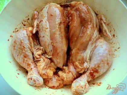 Курицу разрезать по грудке. Поперечить и слегка посолить по вкусу. В чашке смешать соус ткемали (у меня домашний), соевый соус, жидкий мед, растительное масло, специи для курицы. Хорошо натереть курицу полученным маринадом и поставить в холодильник  мариноваться на 1-2 часа (можно дольше).